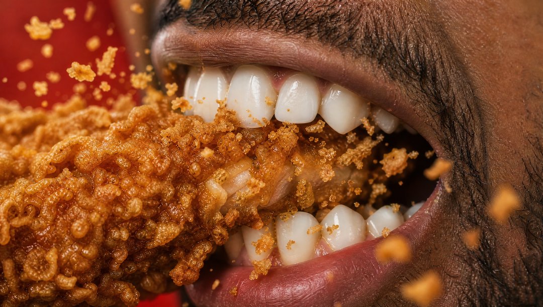 Side-profile of teeth meeting hand-breaded chicken with crumbs in air
